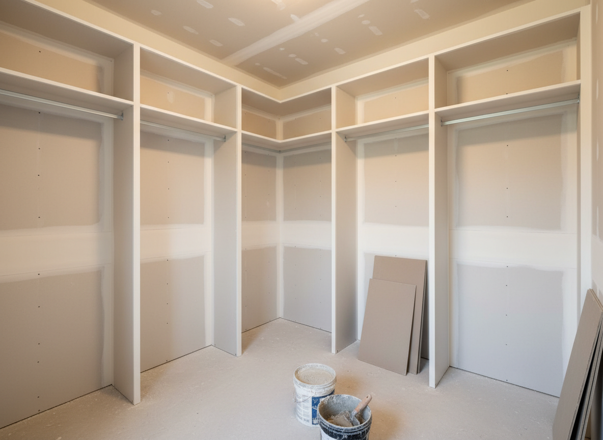 An organized, partially finished walk-in closet framed with new drywall partitions, featuring straight, vertical walls and crisply defined alcoves ready for shelving. The drywall surfaces are smooth and primed in a soft off-white, with clearly visible screw patterns and finished seams that hint at expert workmanship. The concrete floor is bare, with a few neatly stacked drywall sheets leaning against one wall. Warm, indirect daylight enters from an adjacent room, casting long, gentle shadows that emphasize the geometry of the space. Photographic realism from a slightly elevated corner angle, using a wide lens to show depth and layout. The mood is efficient and orderly, highlighting professional construction of closets and partitions.