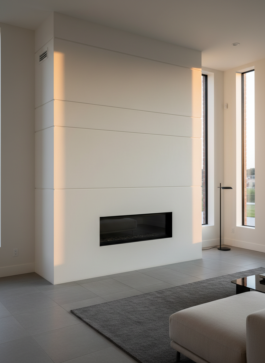 A sophisticated living room featuring a custom drywall fireplace surround, with a floor-to-ceiling, monolithic drywall façade framing an electric fireplace insert. The surface is perfectly smooth with sharp, minimalistic edges, finished in a matte off-white that contrasts gently with a medium-gray porcelain tile floor. Subtle horizontal reveals in the drywall create architectural interest without clutter. Soft, golden hour sunlight filters in from tall side windows, grazing the wall and accentuating the clean planes and shadows around the fireplace opening. Photographic realism from a slightly off-center angle using the rule of thirds, keeping the fireplace as the focal point. The atmosphere is calm, refined, and professional, highlighting premium custom fireplace finishes.
