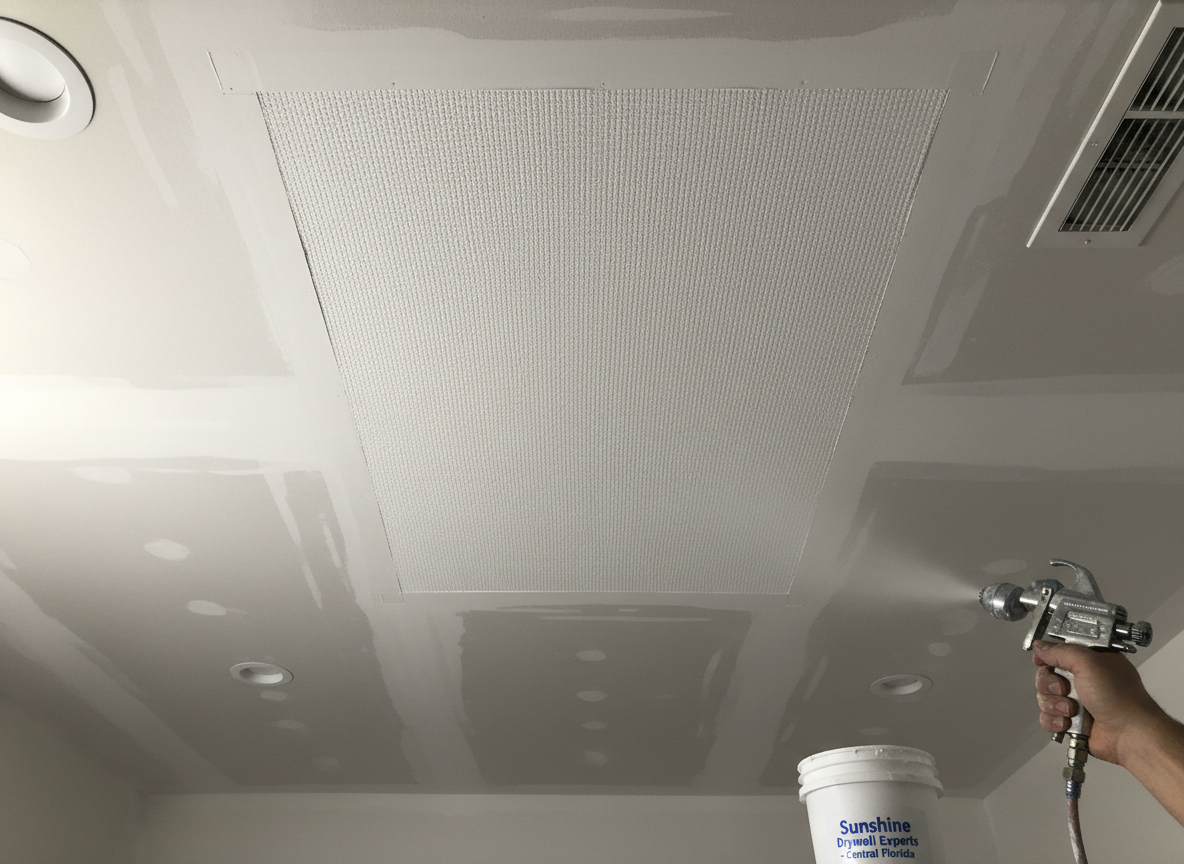 A close-up, photographic view of a ceiling drywall repair in progress, showing a rectangular patch area with neatly taped joints, smooth joint compound feathered out in wide, even passes, and a fine, uniform orange peel texture being carefully blended into the existing surface. The surrounding ceiling is bright white, with recessed lighting fixtures and an HVAC vent partially visible at the edges of the frame. Soft, diffused overhead lighting creates clear but gentle shadows that reveal the subtle surface texture. Shot from a slightly upward angle with moderate depth of field, the composition focuses tightly on the repair area, conveying meticulous attention to detail and a calm, professional atmosphere suited to a Central Florida drywall specialist.