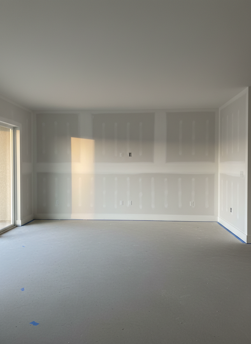 A freshly completed drywall installation in a modern Central Florida living room, with smooth, flawless white walls and a perfectly flat ceiling showcasing crisp inside corners and clean, sharp seams. The room is unfurnished, with only a light gray concrete subfloor and painter’s tape marking future trim locations. Soft afternoon sunlight pours in from an off-frame sliding glass door, creating gentle gradients across the walls and subtle shadows along the base. Photographic realism at eye-level, with a wide-angle composition capturing the entire space in sharp focus. The mood is professional, clean, and orderly, emphasizing craftsmanship and precision in the drywall finish, ideal for a business showcasing quality results.